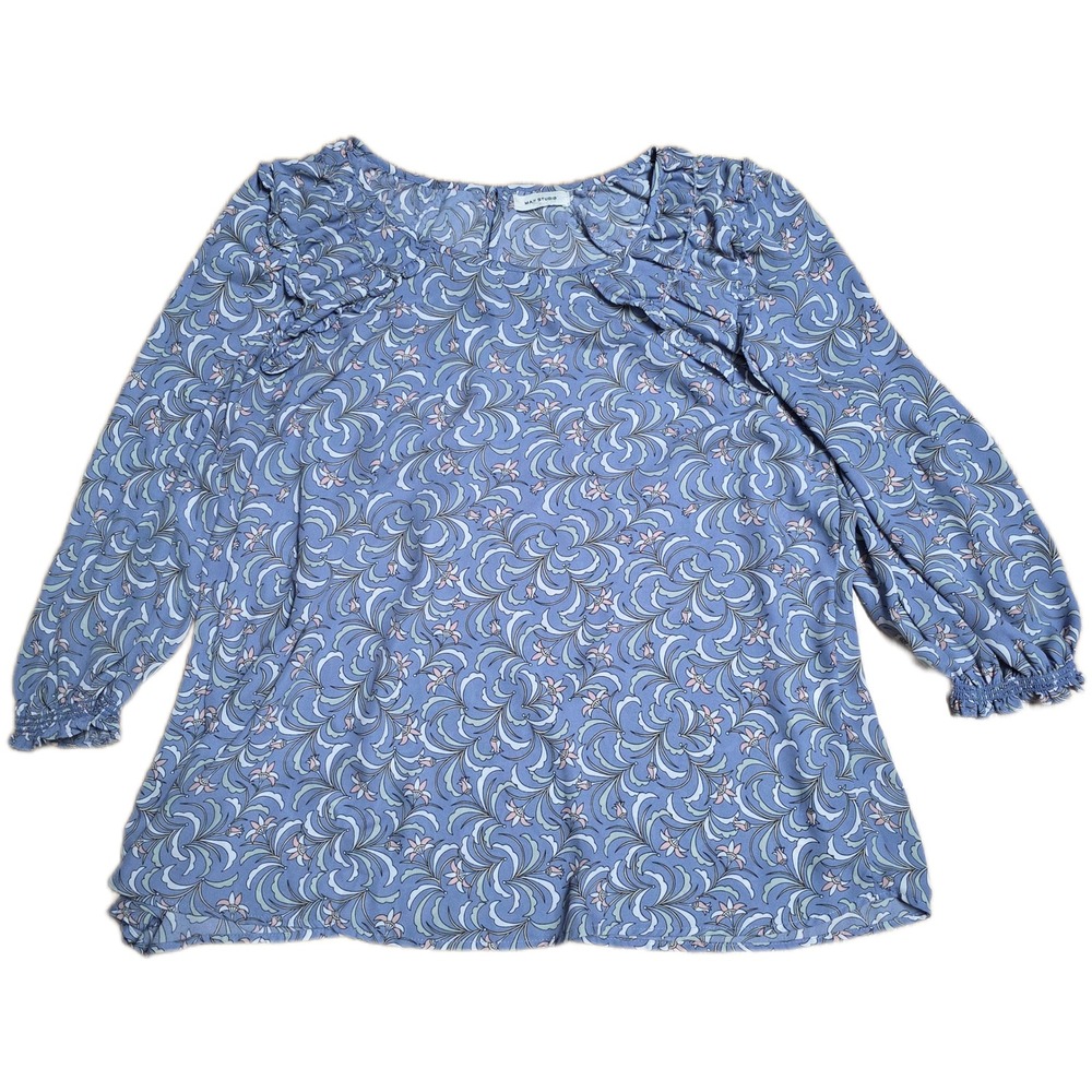 Max Studio Floral Print Blouse Women's Size‎ 1X Blue Pink Ruffle Sleeve